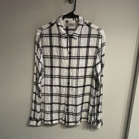 Allsaints Mens Medium White Long Sleeve Viscose Loop Collar Button Up Shirt - Picture 1 of 8